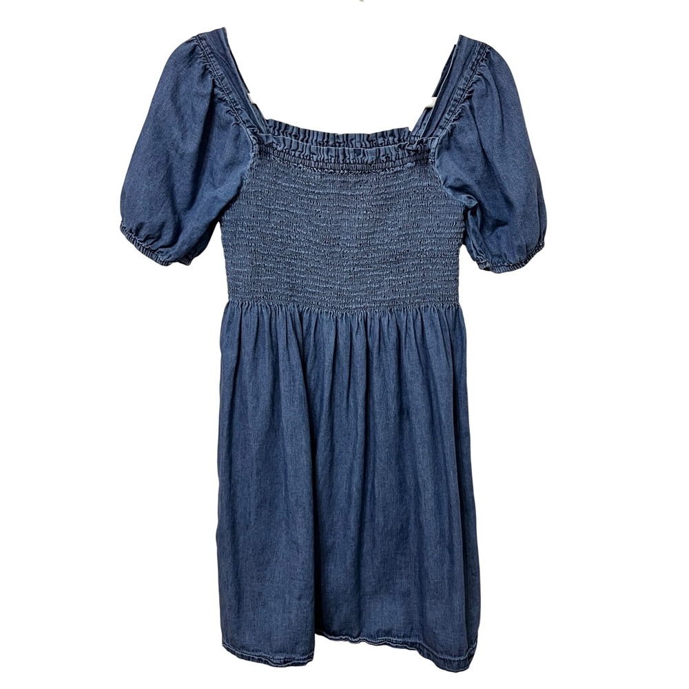 Gap Kids Blue Denim Smocked Puff Sleeve Mini Dress XL 12 Square Neck Chambray